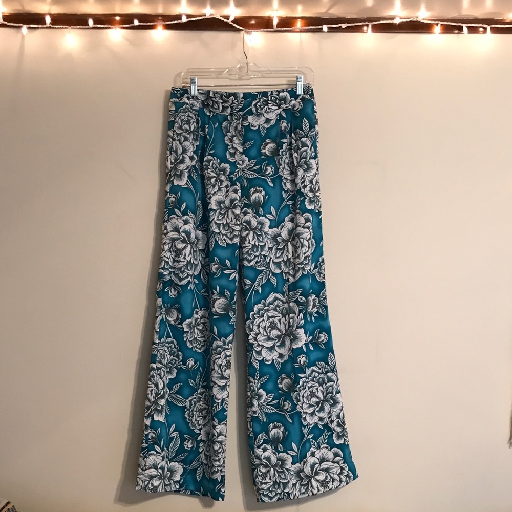 Turquoise floral wide legged trousers